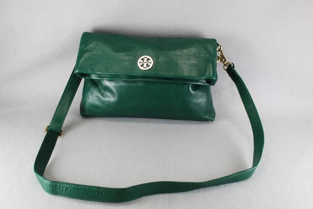 Tory Burch Green Dena Handbag Fold Over Soft Leather Womens